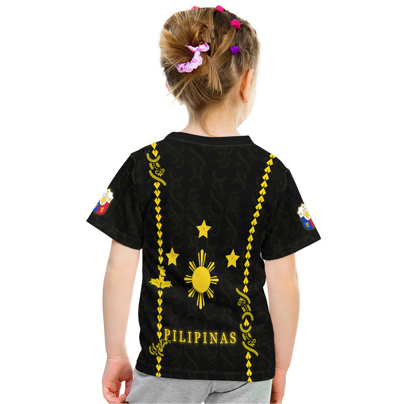 Black T-shirt with yellow back design, stars, sun, and 'PILIPINAS' text