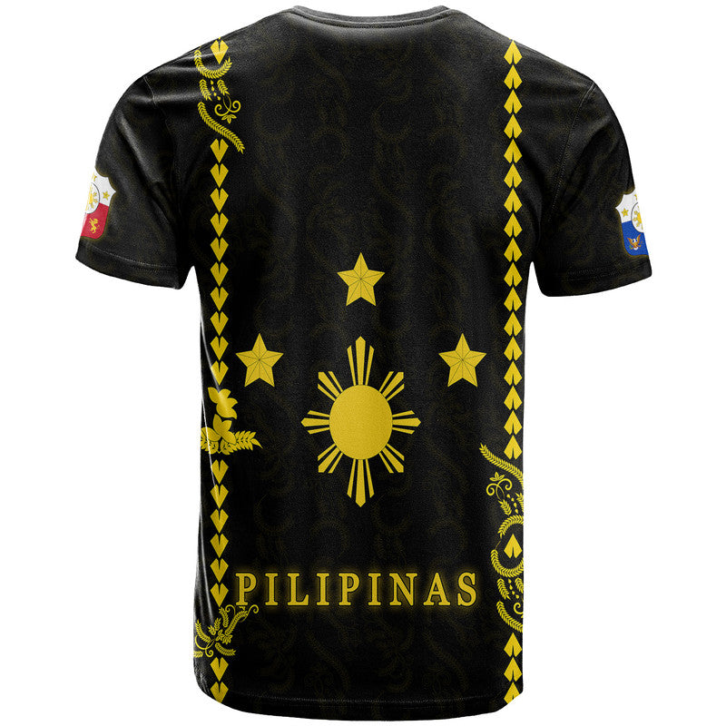 Black T-shirt with yellow back graphic, stars, sun, and 'PILIPINAS' text