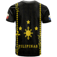 Black T-shirt with yellow back graphic, stars, sun, and 'PILIPINAS' text