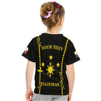 Black T-shirt back with gold custom text, stars and sunburst motif
