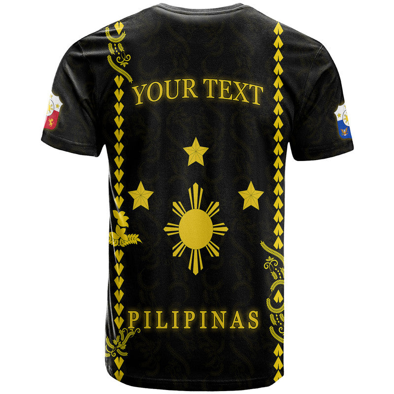 Black T-shirt back with custom text, gold stars, sun and vertical trim