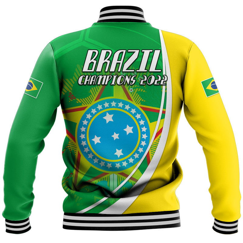 Brazil Champions 2022 varsity jacket back, green/yellow with white stripes and ribbed hem