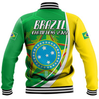 Brazil Champions 2022 varsity jacket back, green/yellow with white stripes and ribbed hem