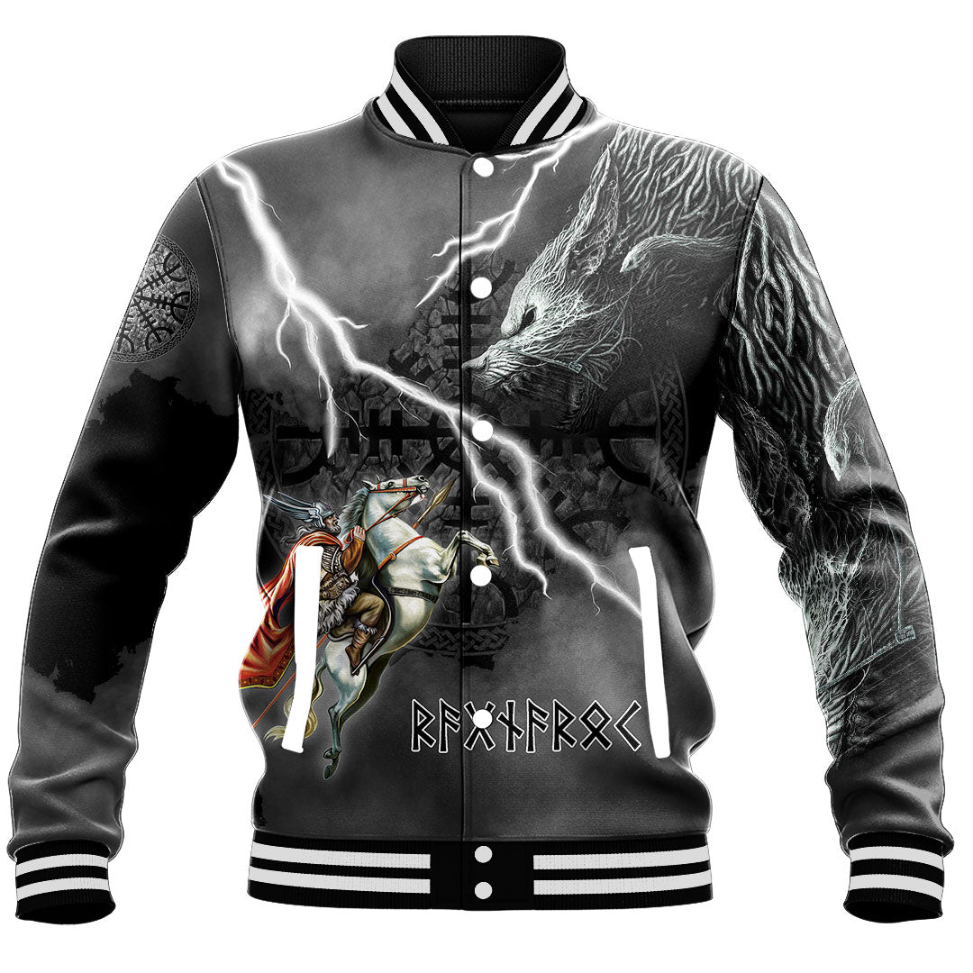 (Custom) Wonder Print Shop - Ragnarok Baseball Jacket Odin fight Fenrir on thunder background RLT12 - Wonder Print Shop