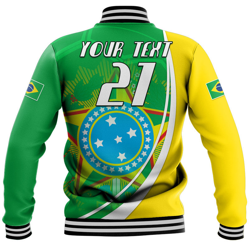 Unisex baseball jacket back with 'YOUR TEXT' and 21, Brazil crest, green/yellow