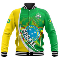 Brazil crest varsity baseball jacket, green/yellow with white stripes and ribbed collar & cuffs