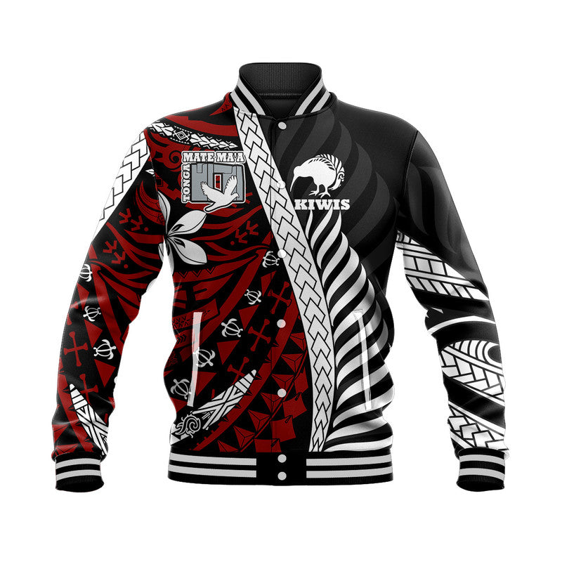 Custom Personalised Mate Ma'a Tonga Mixed Aotearoa Kiwis Rugby Baseball Jacket Silver Fern Mixed Polynesian Style LT9 - Wonder Print Shop