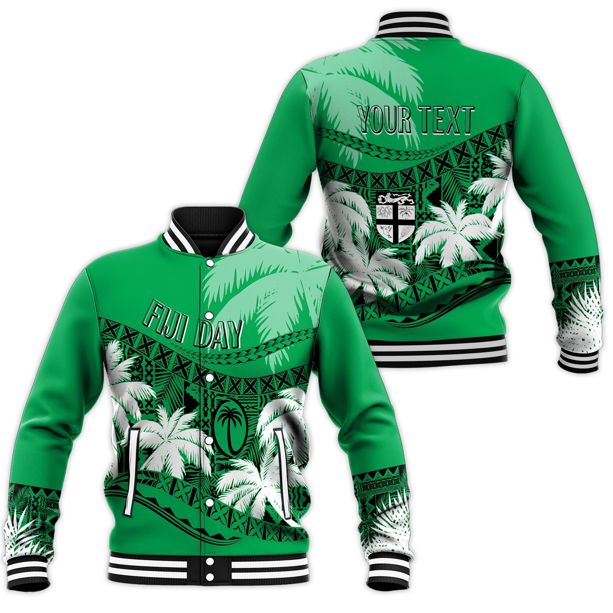 Personalised Fiji Day Baseball Jacket Flying Fijians Masi Kesa Style - Green LT7 - Wonder Print Shop