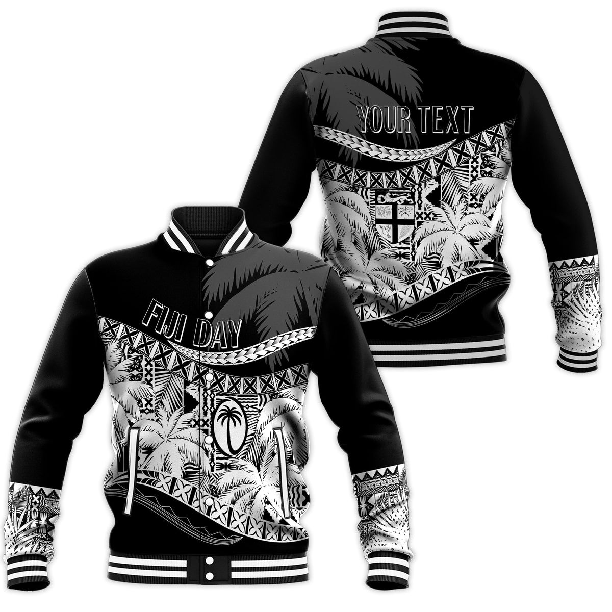 Personalised Fiji Day Baseball Jacket Flying Fijians Masi Kesa Style - Black LT7 - Wonder Print Shop