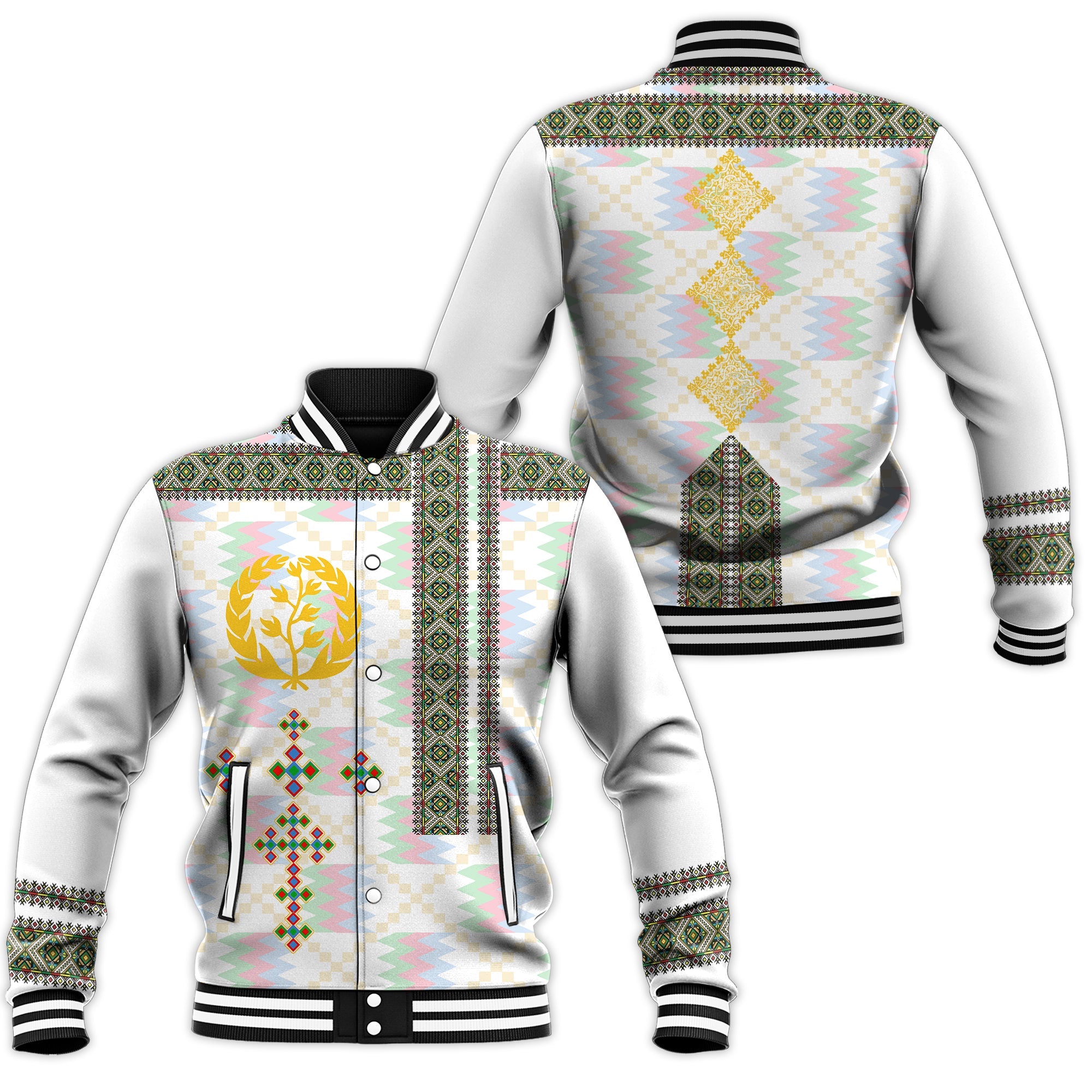Eritrea Tilet Pattern Baseball Jacket Eritrean Cross - White LT7 - Wonder Print Shop