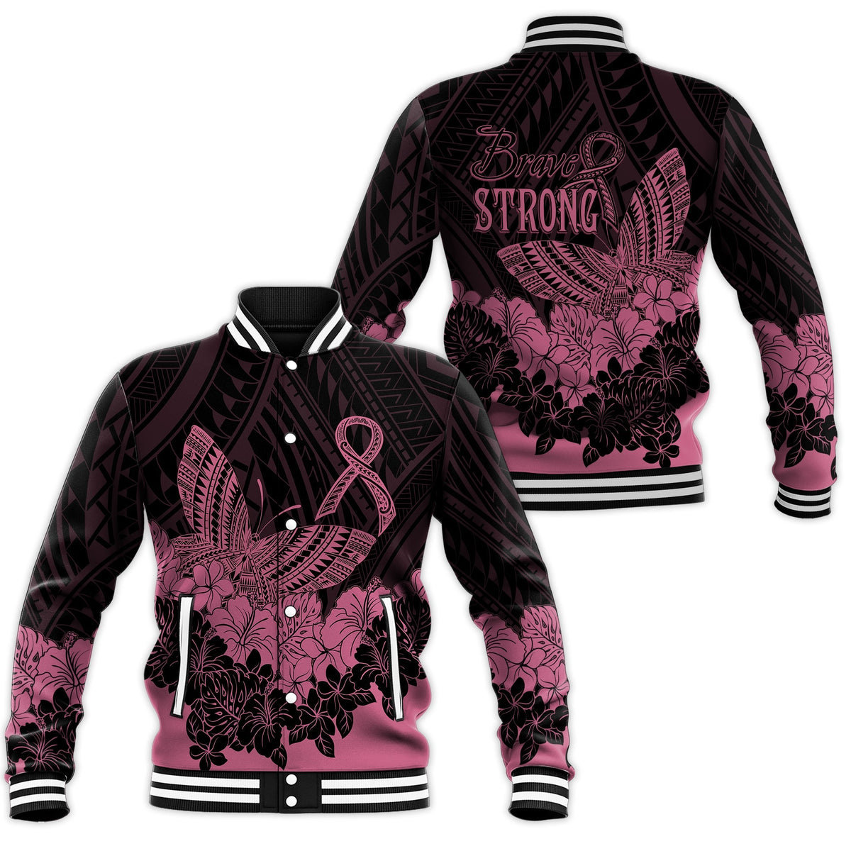 Polynesian Breast Cancer Awareness Baseball Jacket Floral Butterfly LT7 - Wonder Print Shop
