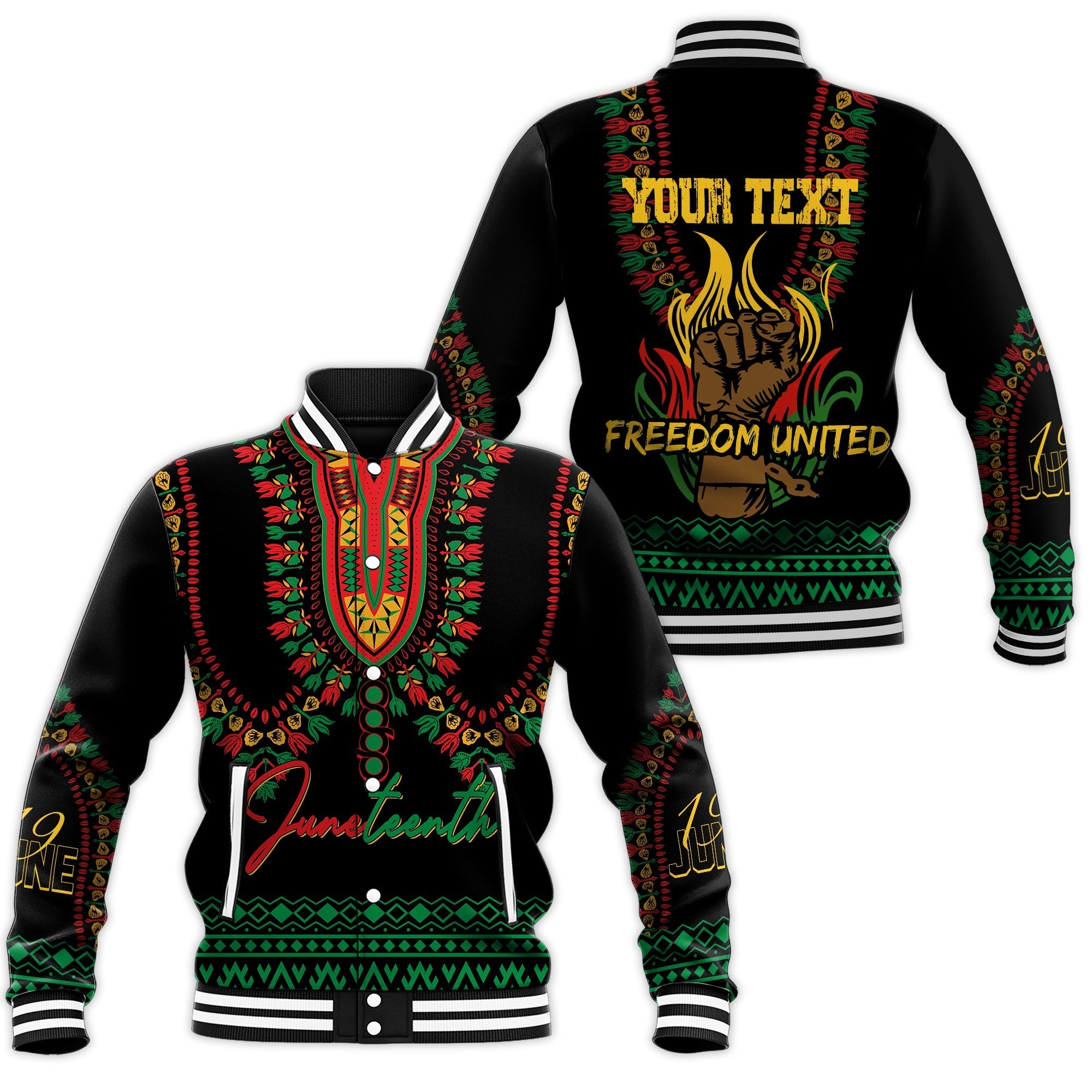 Juneteenth Dashiki Personalised Baseball Jacket Freedom United - Pan - African Flag LT7 - Wonder Print Shop