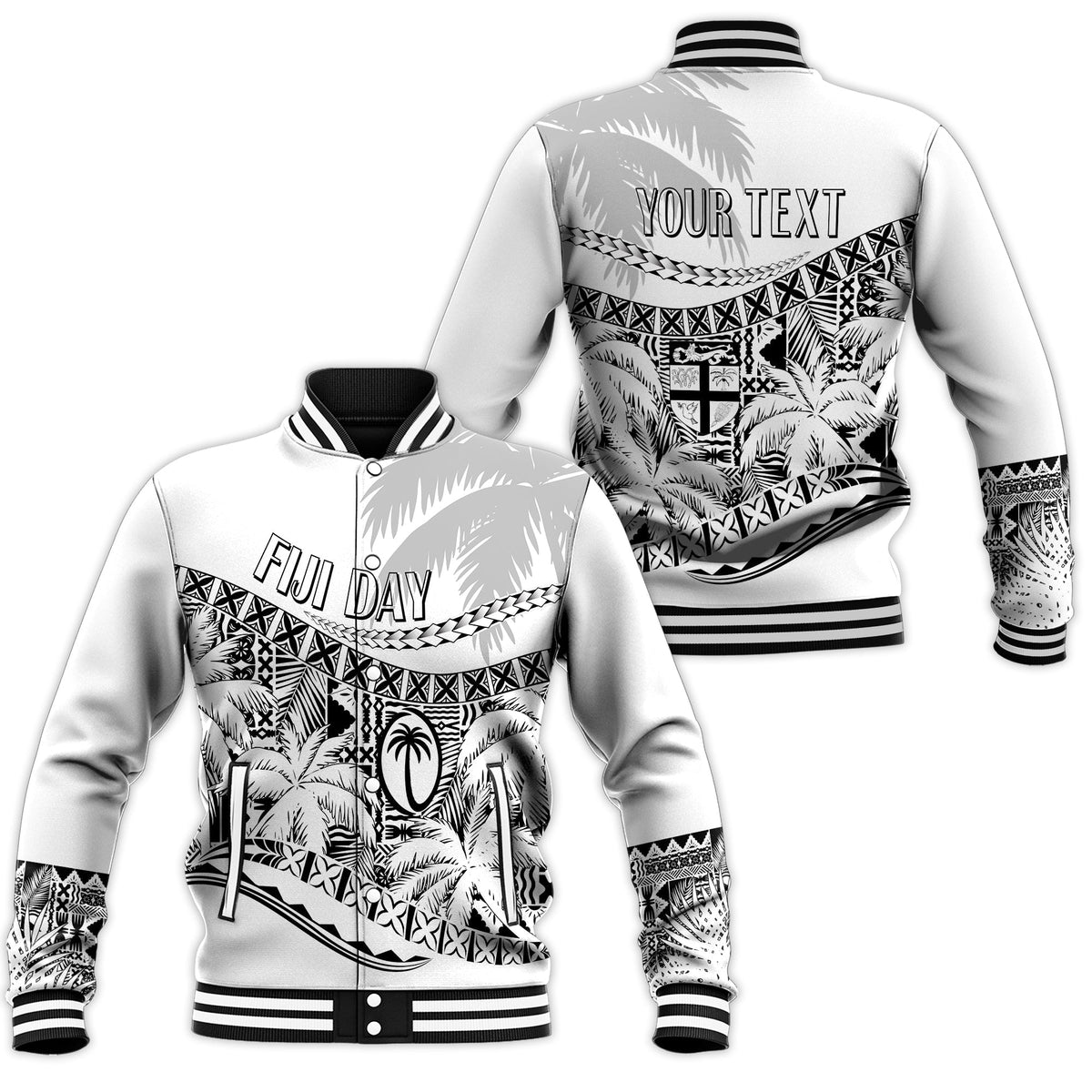 Personalised Fiji Day Baseball Jacket Flying Fijians Masi Kesa Style - White LT7 - Wonder Print Shop