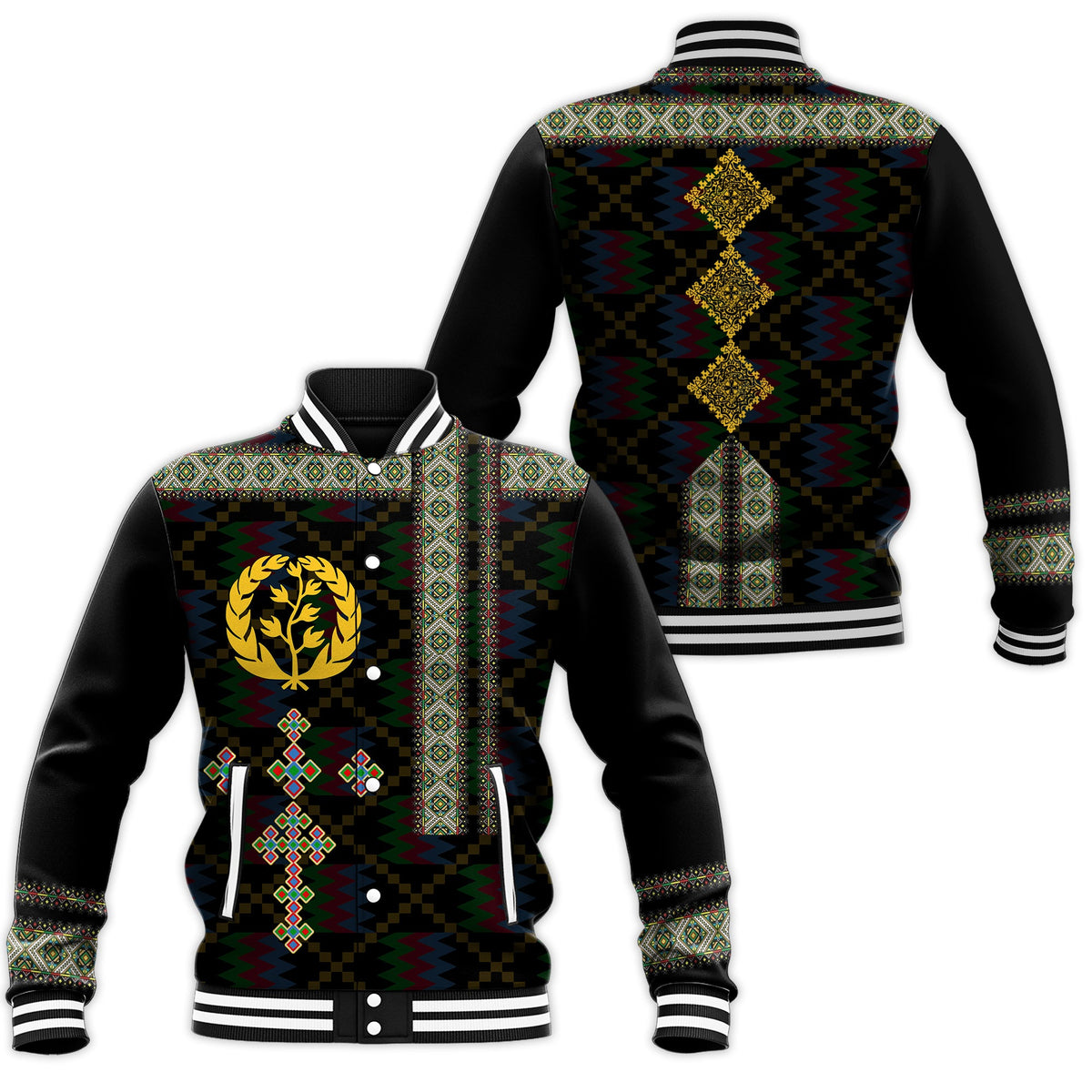 Eritrea Tilet Pattern Baseball Jacket Eritrean Cross - Black LT7 - Wonder Print Shop