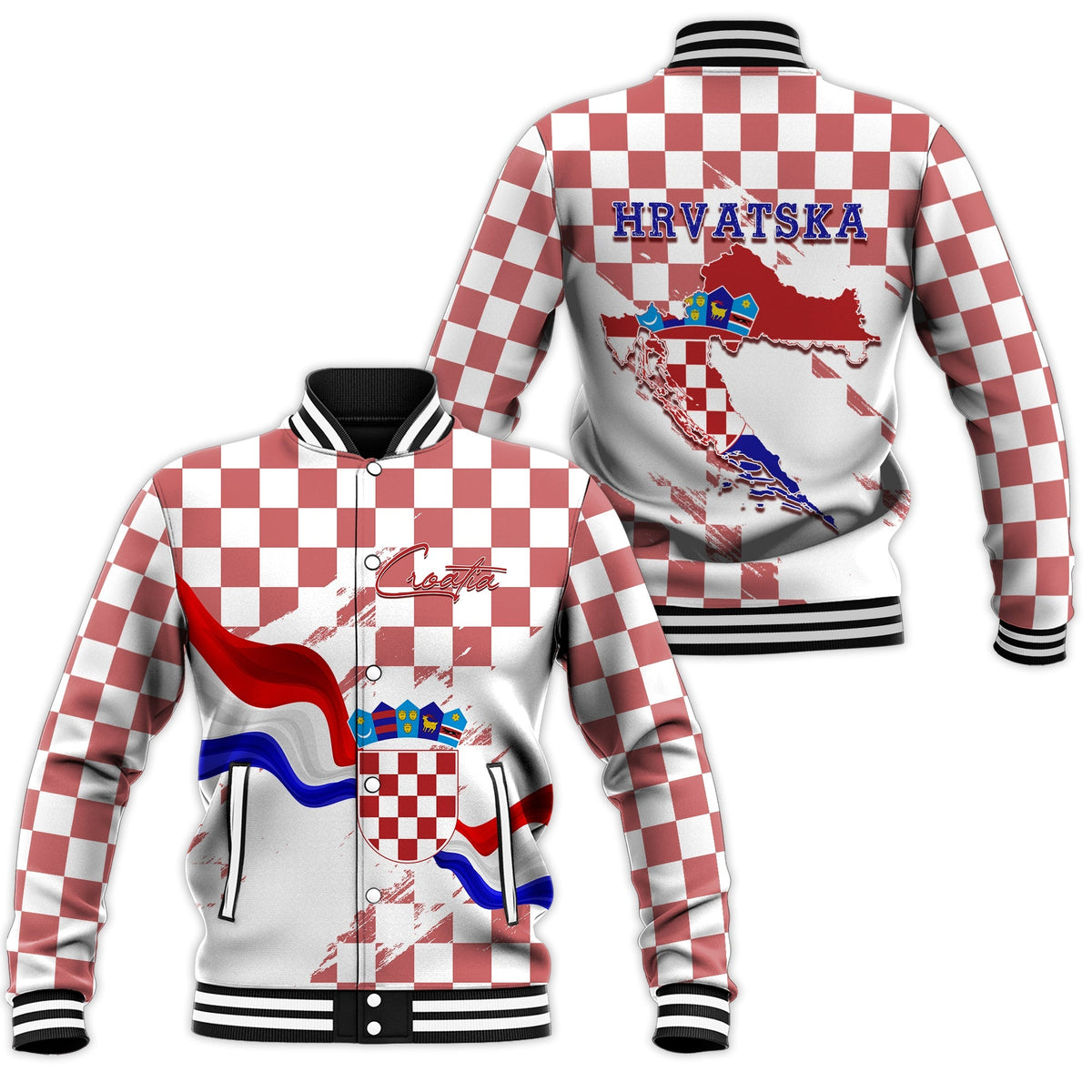 Croatia Baseball Jacket Checkerboard Grunge Style LT7 - Wonder Print Shop
