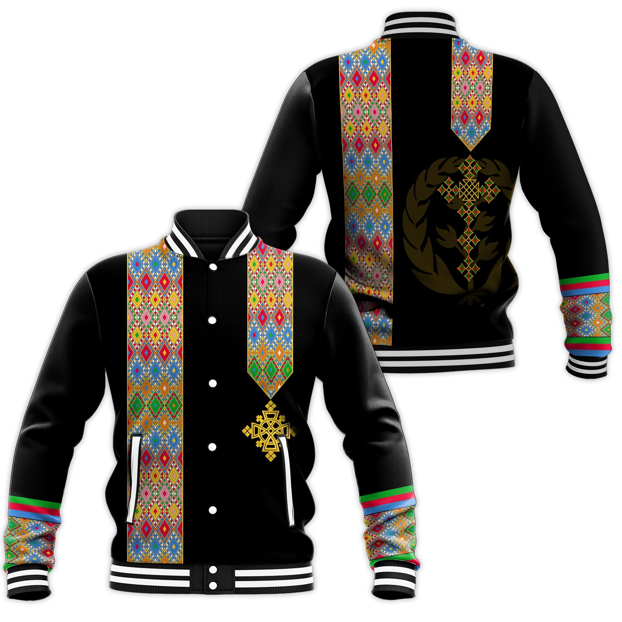 Habesha Tilet Pattern Baseball Jacket Eritrea Emblem LT7 - Wonder Print Shop