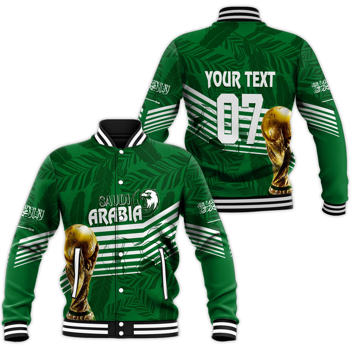 Personalised Saudi Arabia World Cup 2022 Baseball Jacket Green Falcons LT7 - Wonder Print Shop