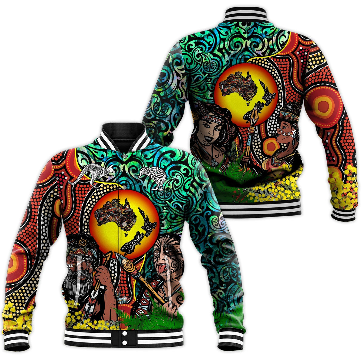 Australia Aboriginal Kangaroo Combine New Zealand Maori Kiwi Bird Baseball Jacket LT2 - Wonder Print Shop