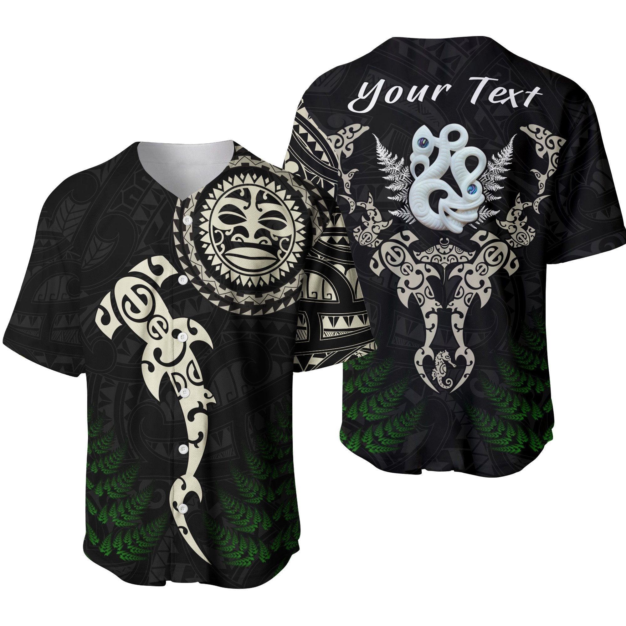 (Custom Personalised) Aotearoa Fern Baseball Jersey Maori Manaia and Fish LT13 - Wonder Print Shop