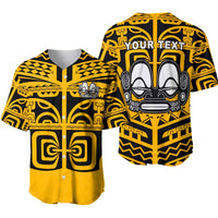 Gold baseball jersey with black tribal tattoo print, includes 'YOUR TEXT' on back