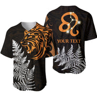 Black baseball jersey with orange lion zodiac graphic, white foliage, 'YOUR TEXT'