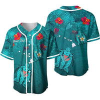 Turquoise Hawaiian baseball jersey set: front with custom text, back with turtle graphic