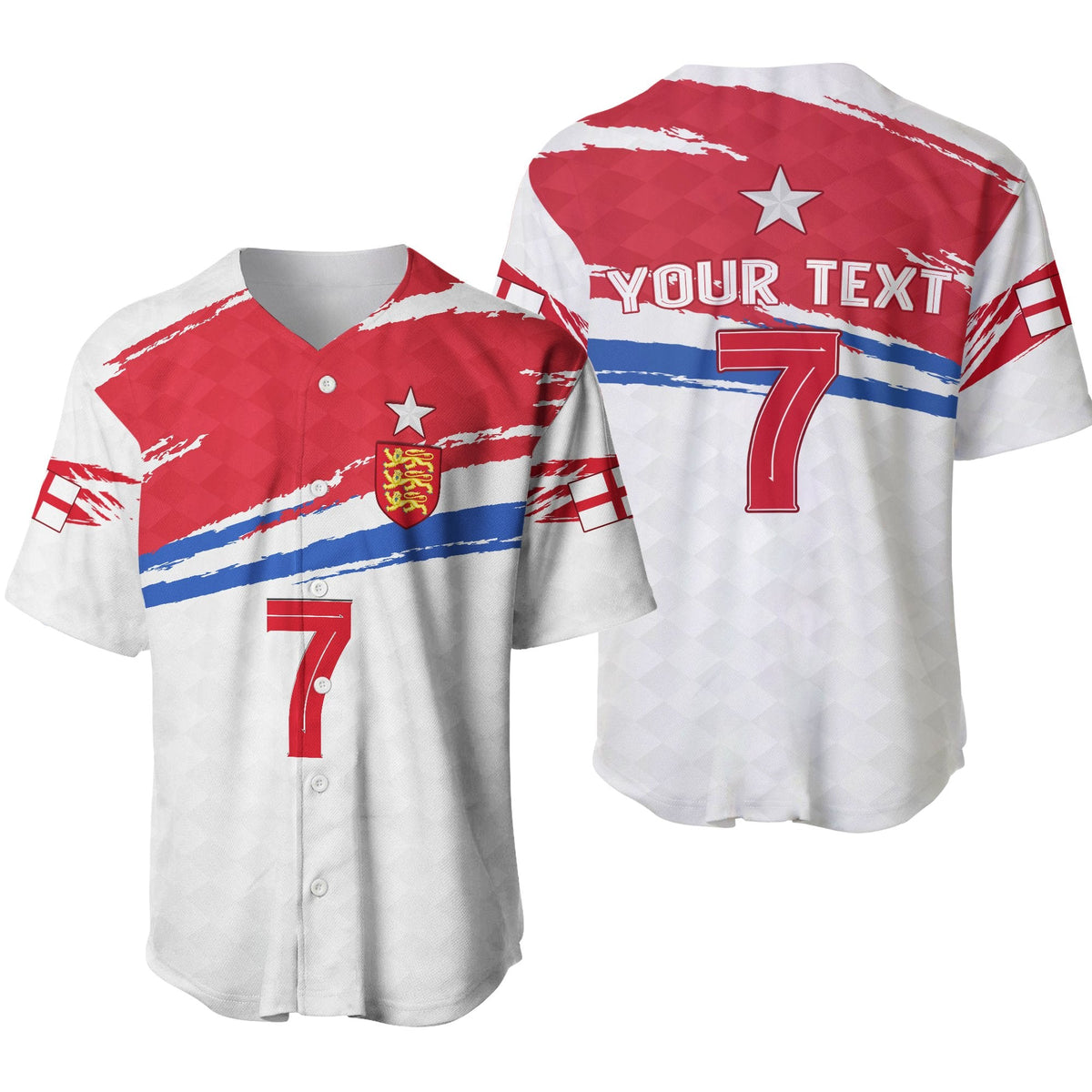 Baseball jersey in white/red with custom text and number 7, button-front