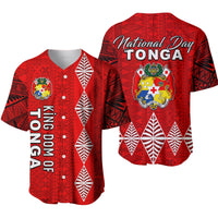 Red baseball jersey (front & back) with Tonga crest, National Day text, white leaf panels