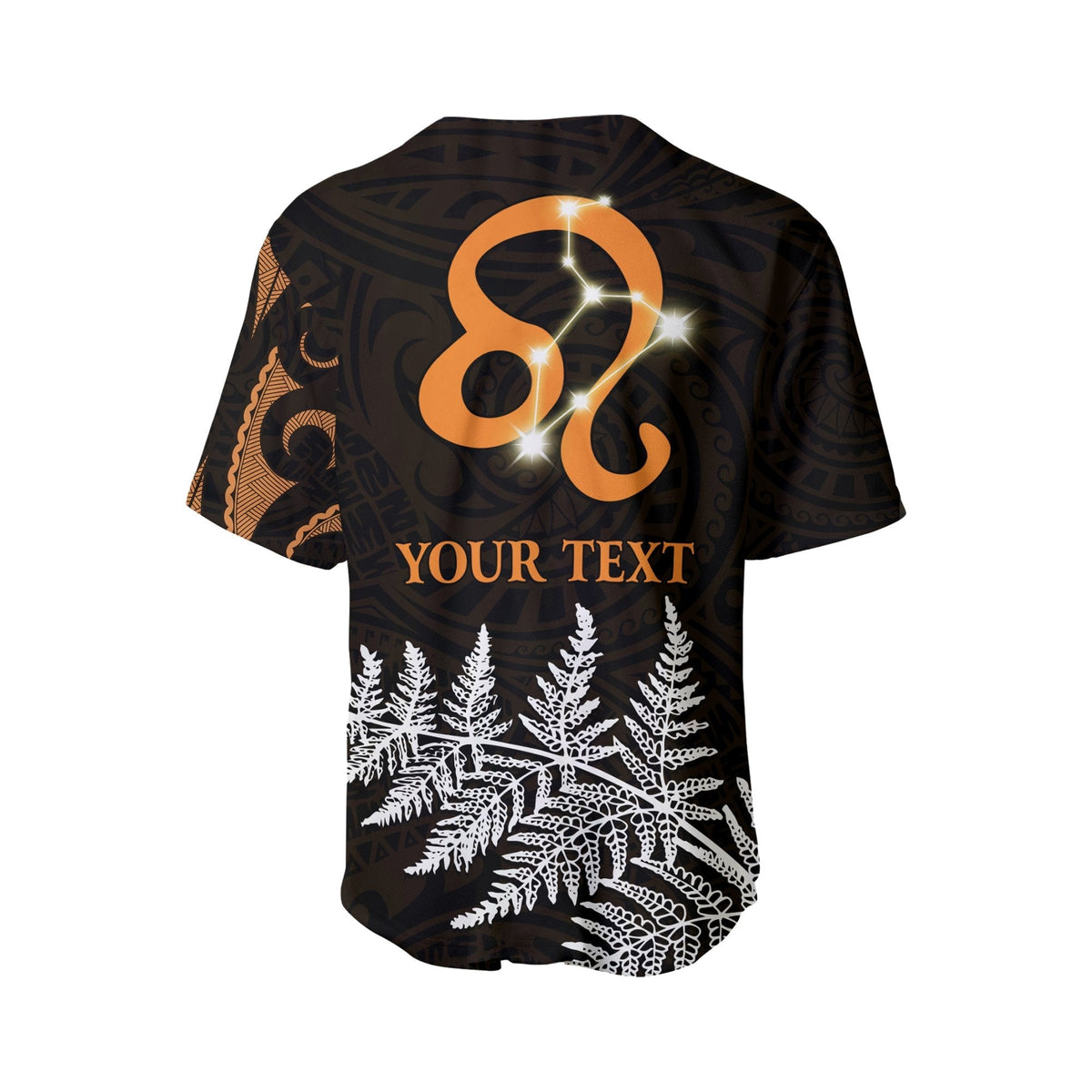 Black baseball jersey back with orange Leo 8 emblem, 'YOUR TEXT', white ferns