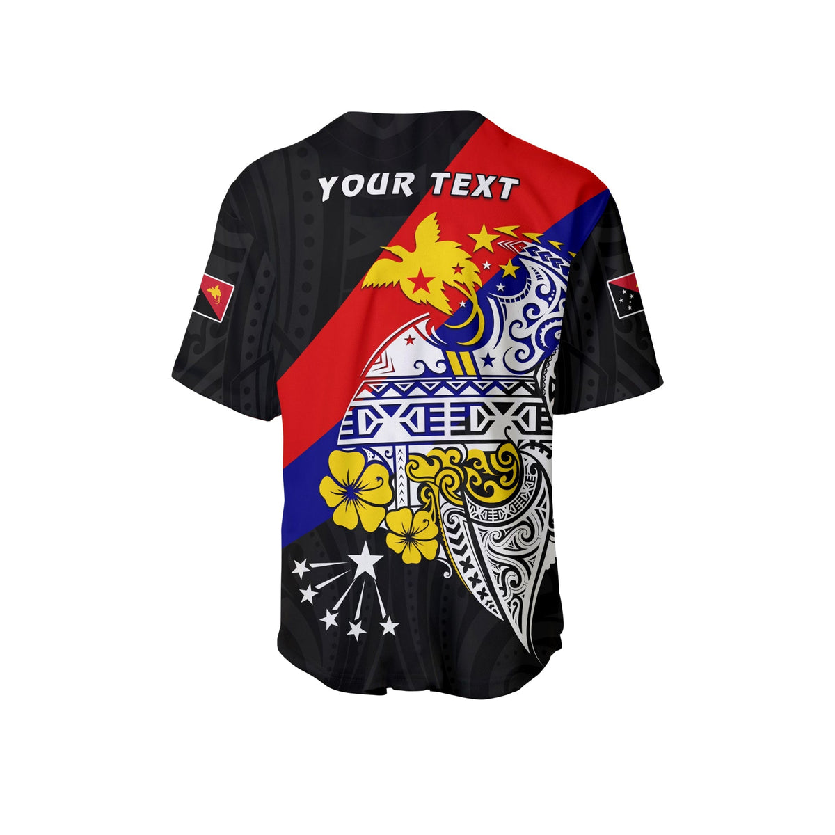 Black baseball jersey back with large multicolor design and 'YOUR TEXT' near the top