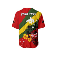 Back baseball jersey red with 'YOUR TEXT' across shoulders and Eastern Highlands art