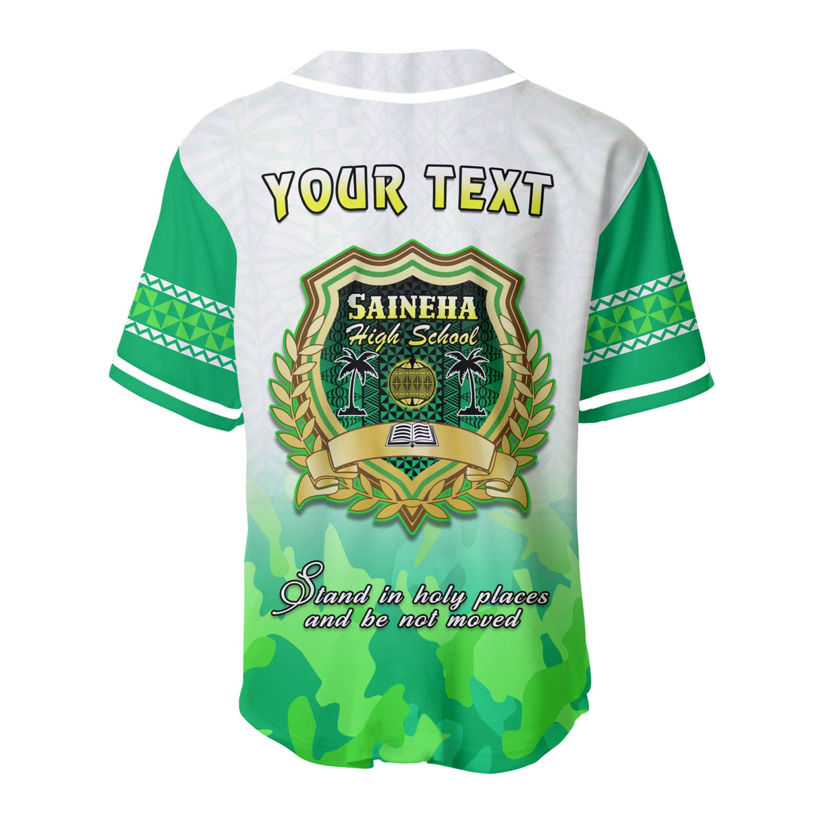 White-and-green baseball jersey back with 'YOUR TEXT' and school crest graphic