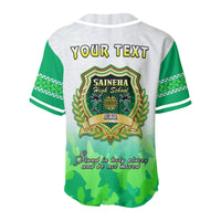 White-and-green baseball jersey back with 'YOUR TEXT' and school crest graphic