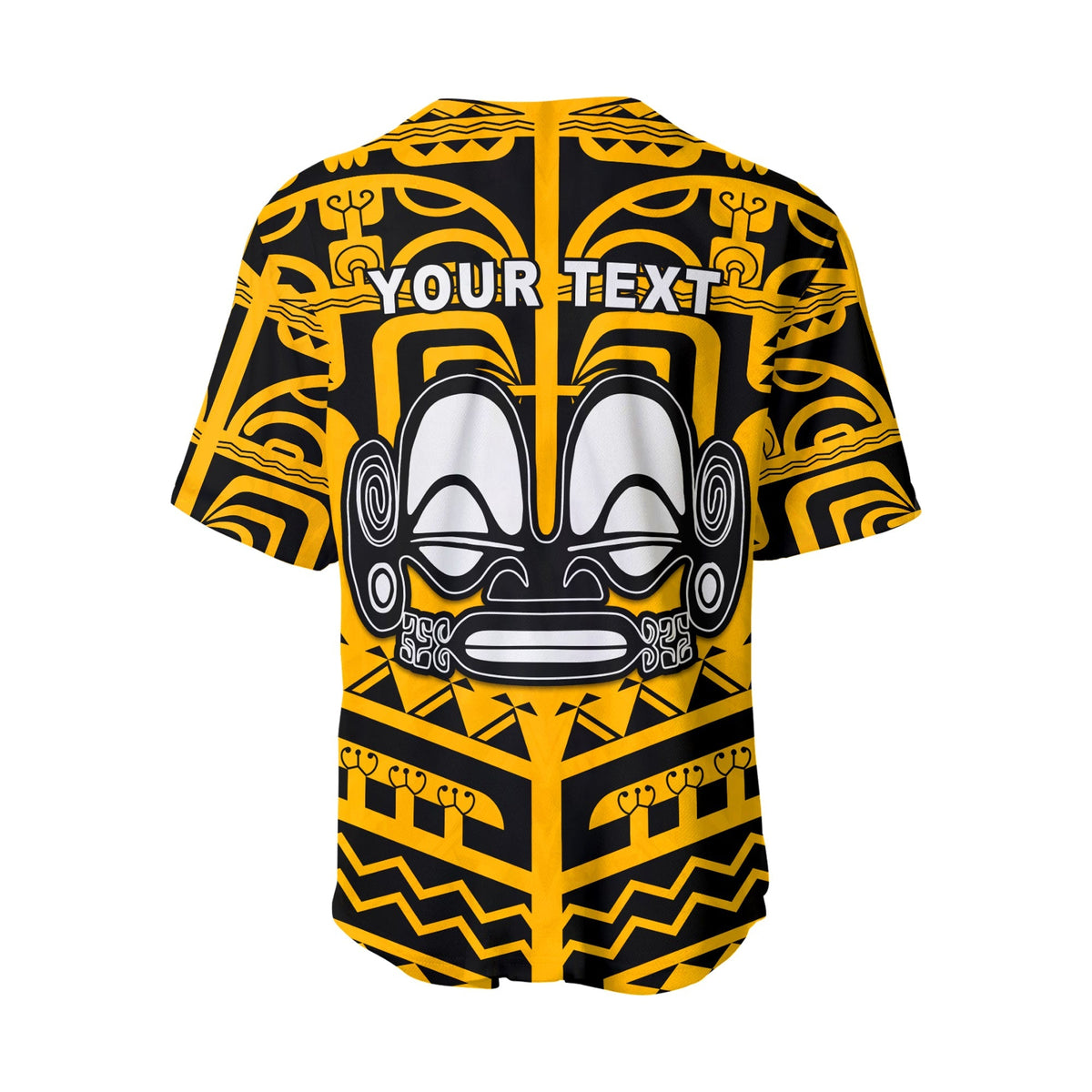 Back of gold-and-black baseball jersey with 'YOUR TEXT' above tribal face design