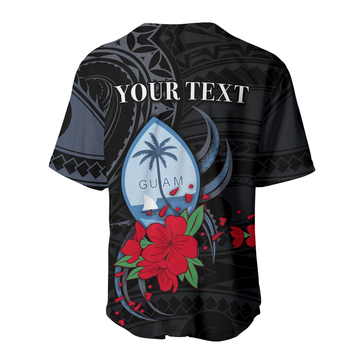 Black Baseball Jersey Rückseite mit 'YOUR TEXT' und Guam-Blumen-Graphic