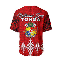 Red back of Tonga National Day baseball jersey with National Day TONGA text and crest