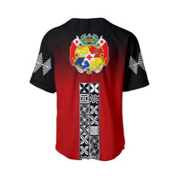 Back view red and black baseball jersey with large Tongan crest and tapa panel