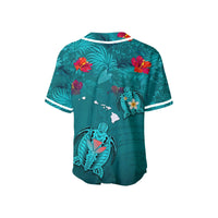 Turquoise jersey back view with tropical leaves, hibiscus flowers, turtle emblem and white piping