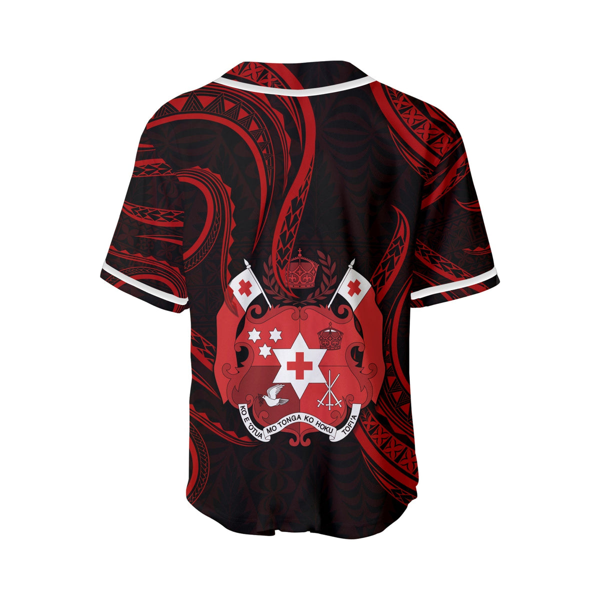 Back view of red and black Tonga baseball jersey with white trim and crest graphic