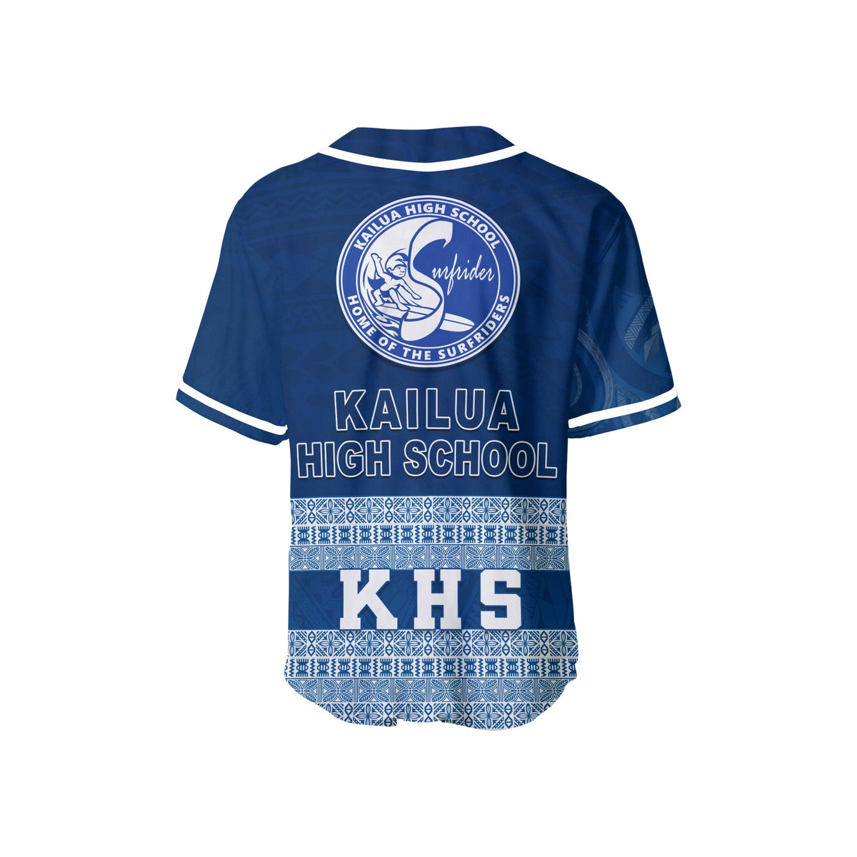 Blue baseball jersey back, KAILUA HIGH SCHOOL logo with circular surfer emblem