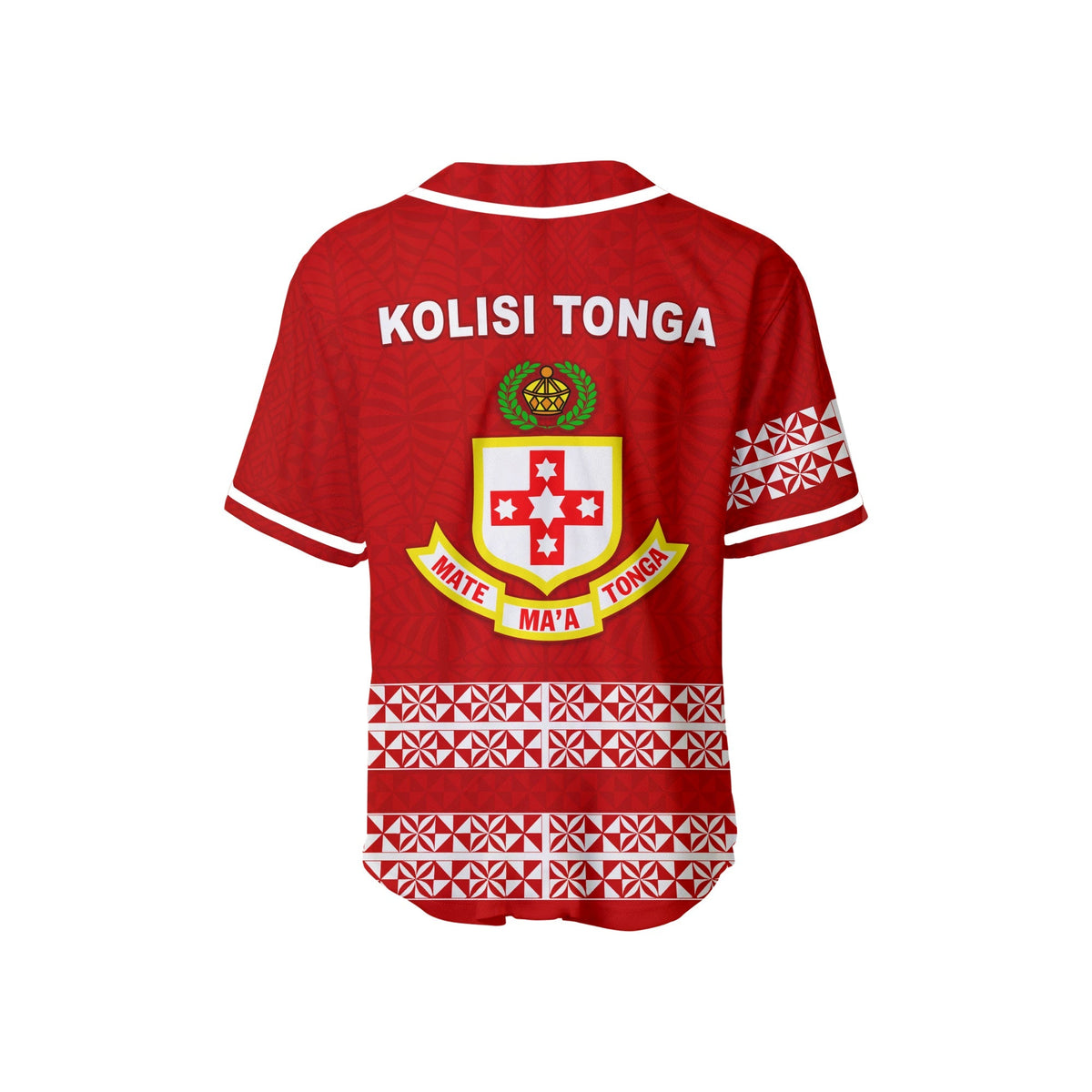 Red back baseball jersey with 'KOLISI TONGA' text, national crest and patterned hem