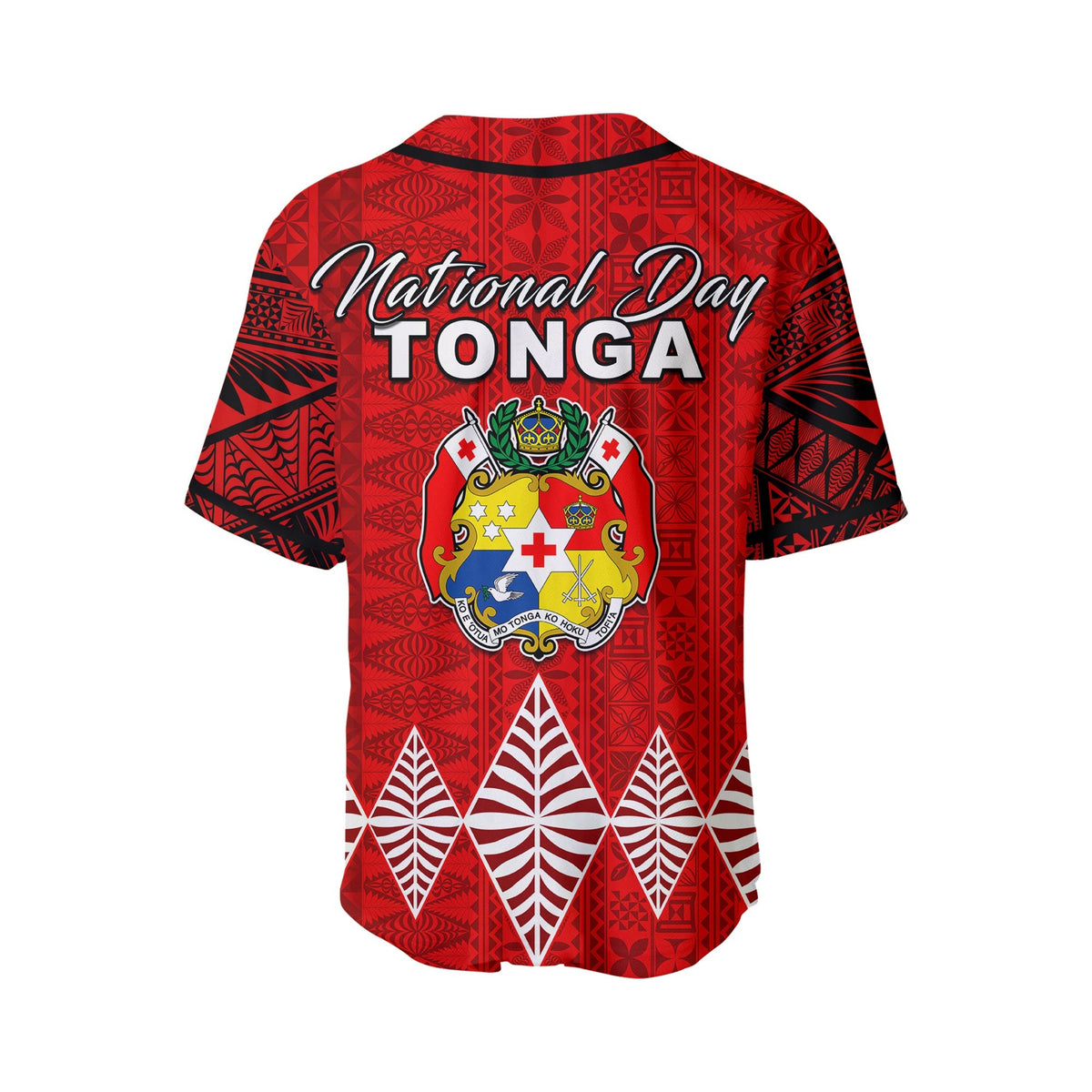 Red Tonga National Day baseball jersey back with crest and banner pattern, short sleeves