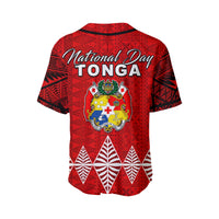 Red Tonga National Day baseball jersey back with crest and banner pattern, short sleeves