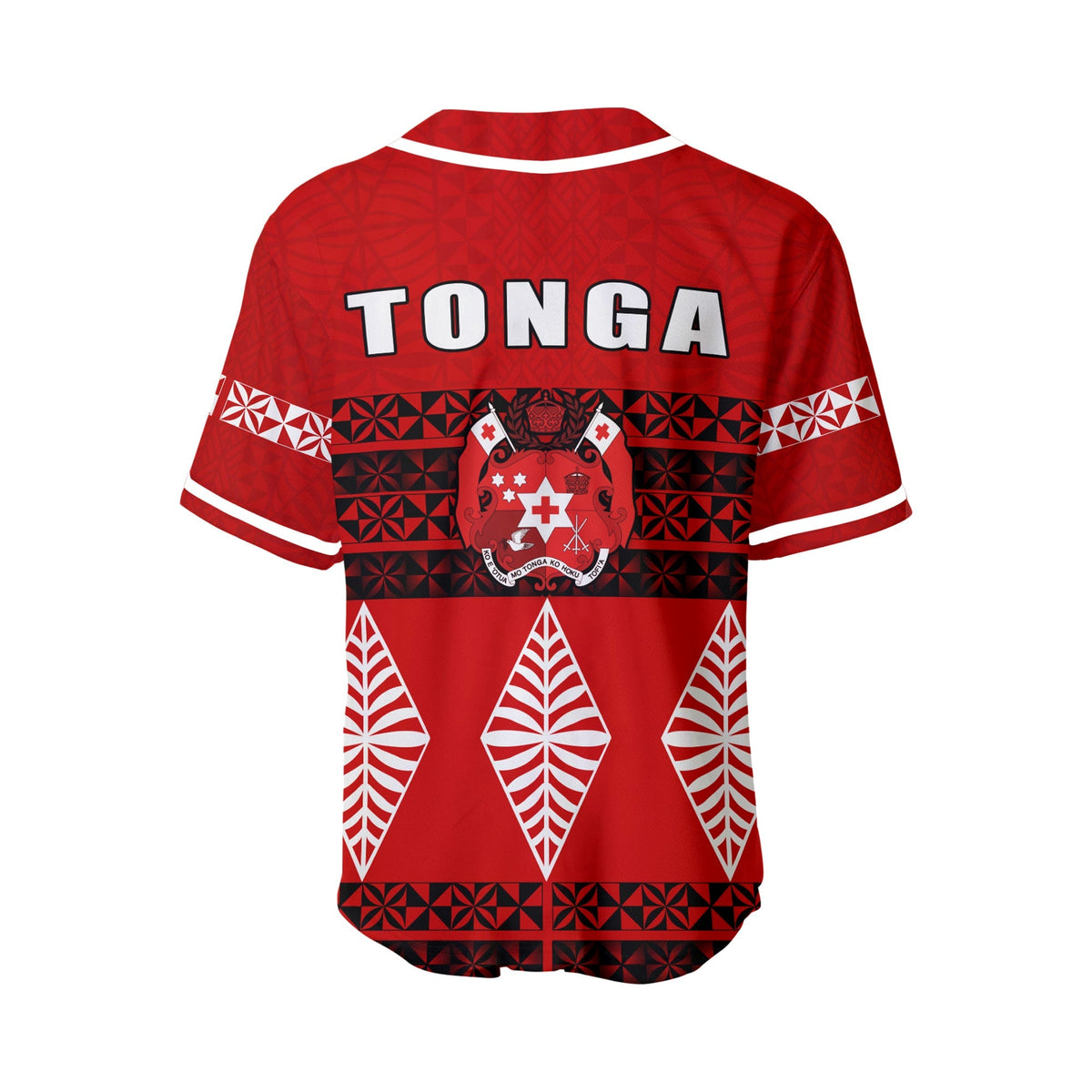 Back of red Tonga baseball jersey with large TONGA text and crest