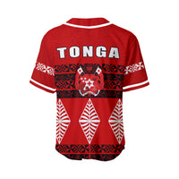 Back of red Tonga baseball jersey with large TONGA text and crest
