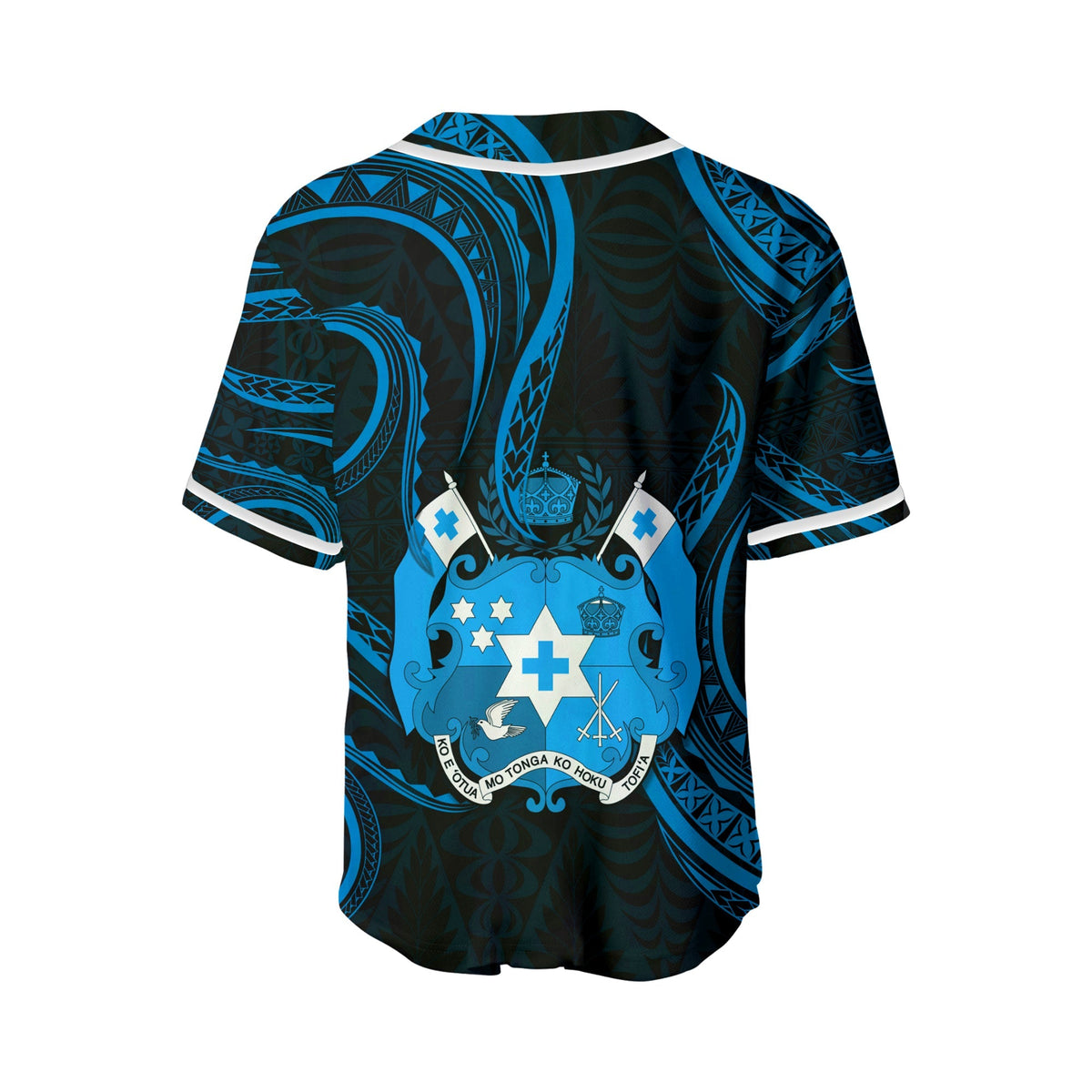 Back view dark blue baseball jersey with large Tonga crest graphic and striped trim