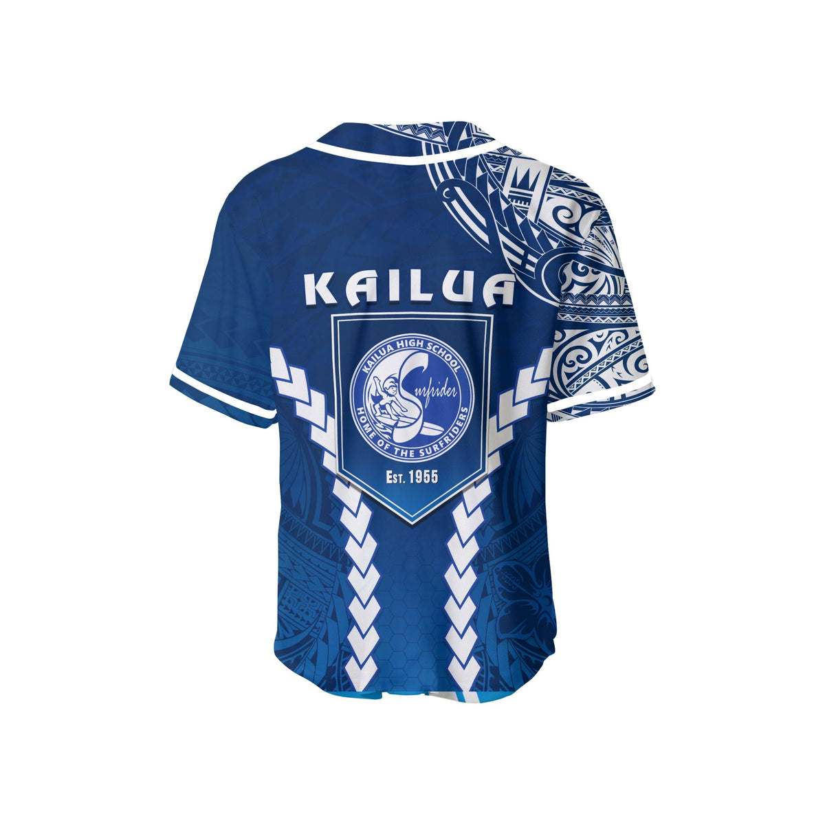 Blue baseball jersey back with Kailua High School crest and Est.1955