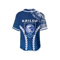 Blue baseball jersey back with Kailua High School crest and Est.1955