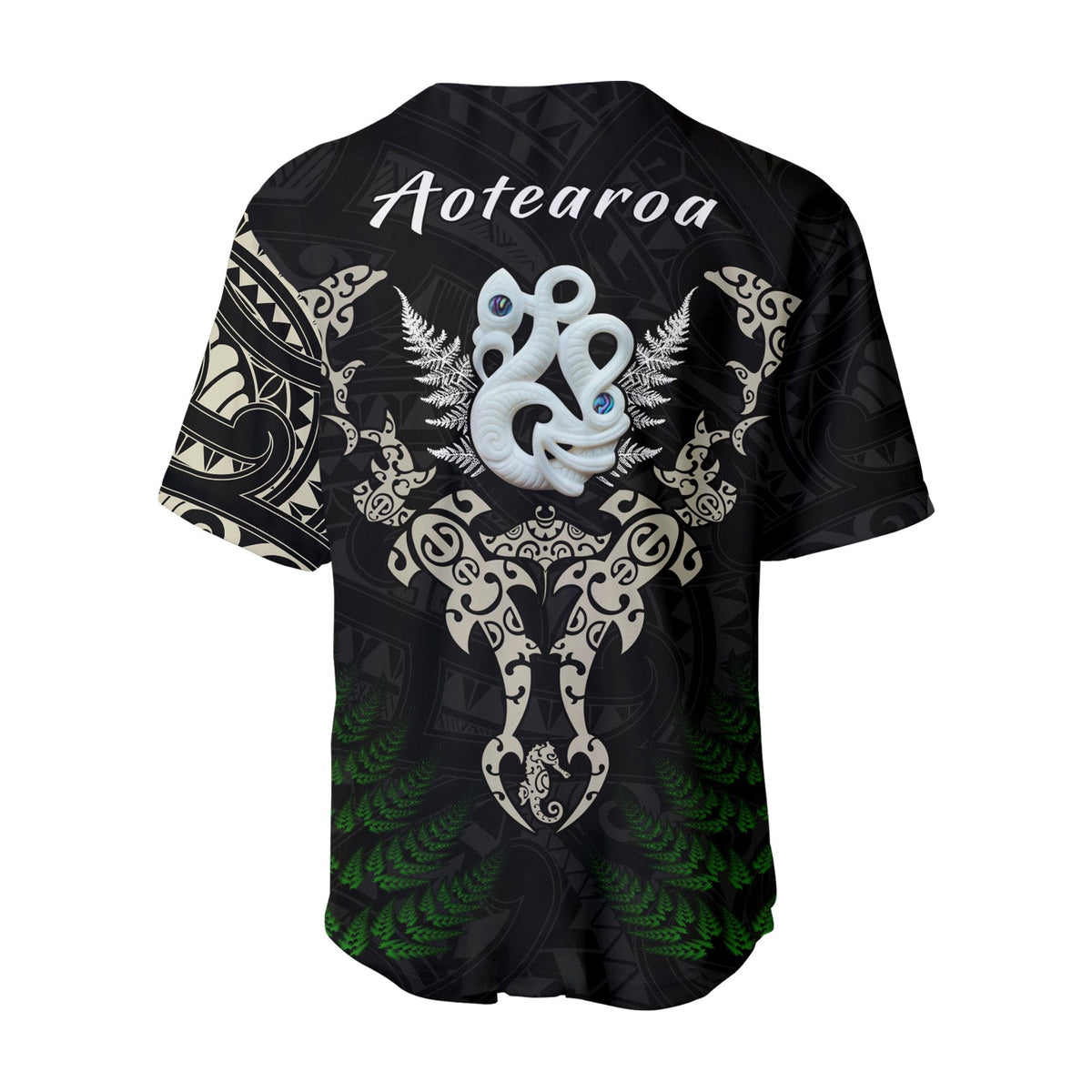 Aotearoa Fern Baseball Jersey Maori Manaia and Fish LT13 - Wonder Print Shop