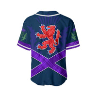 Back of baseball rugby jersey with red lion crest and purple tartan X design
